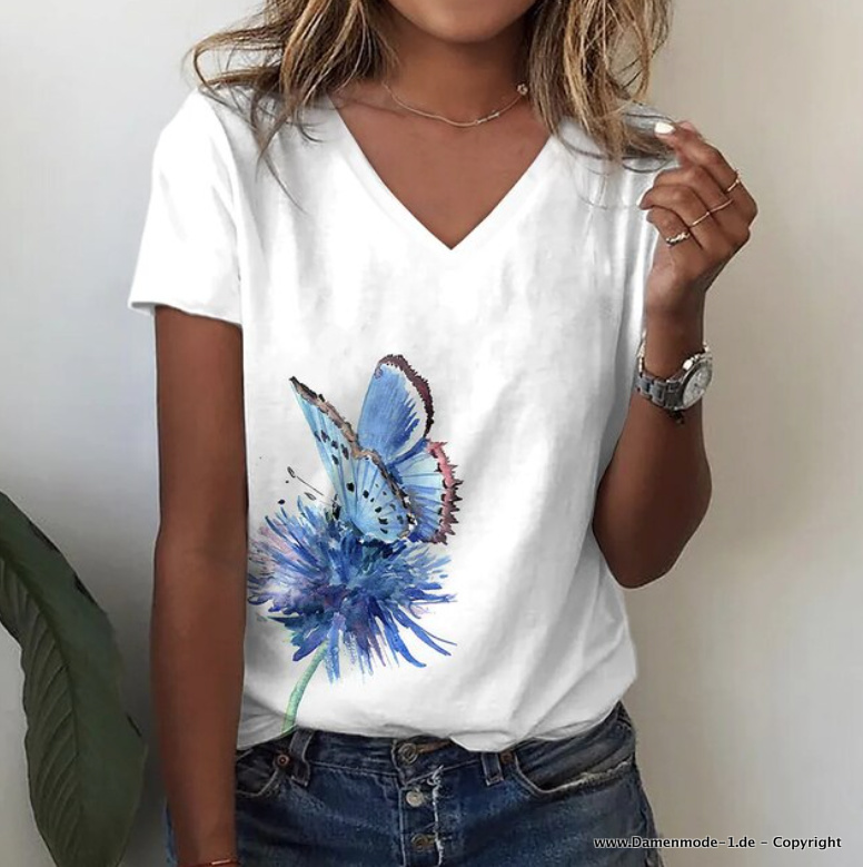 V Ausschnitt Sommer Shirt für Damen in Weiß mit Schmetterling