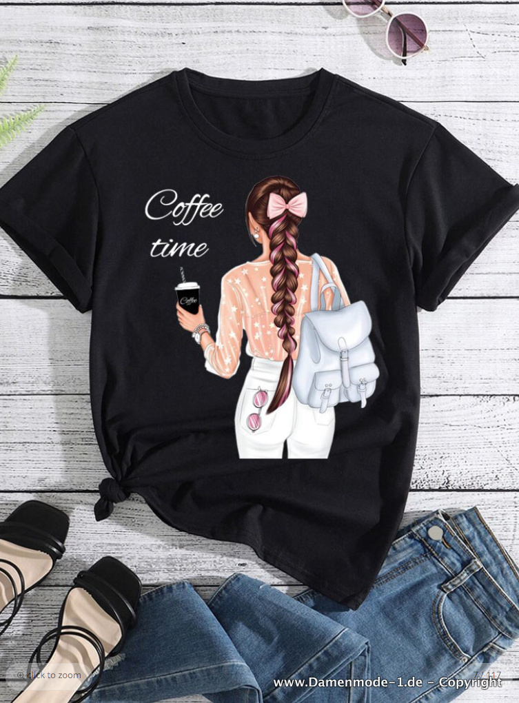 Coffee Time Sommer Shirt für Damen in Schwarz