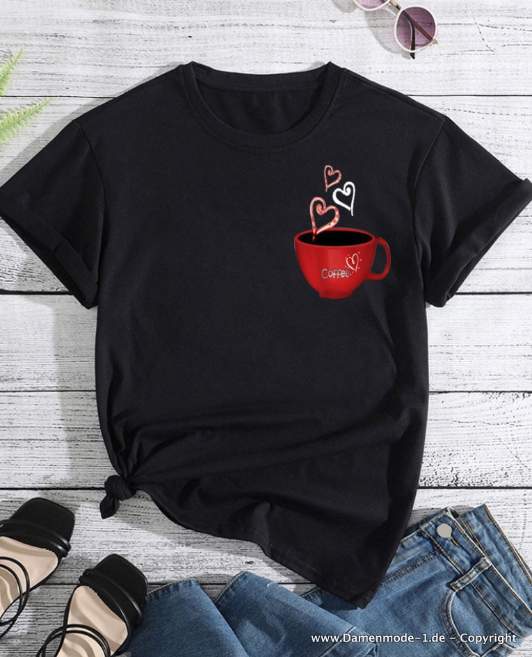 Sommer Shirt für Damen in Schwarz mit Rote Kaffeetasse