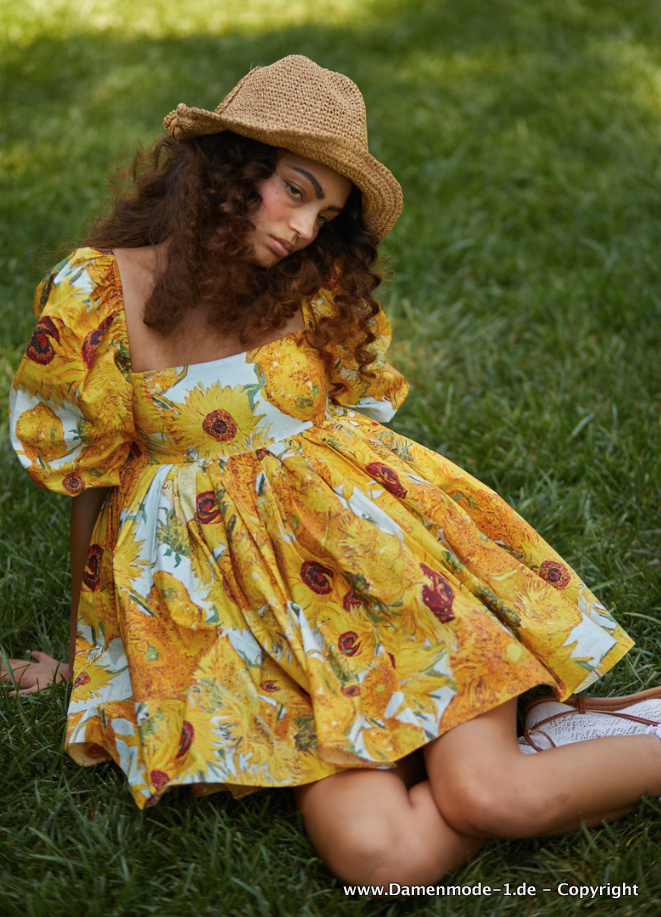 Babydoll Style Sommerkleid Kurz mit Sonnenblumen