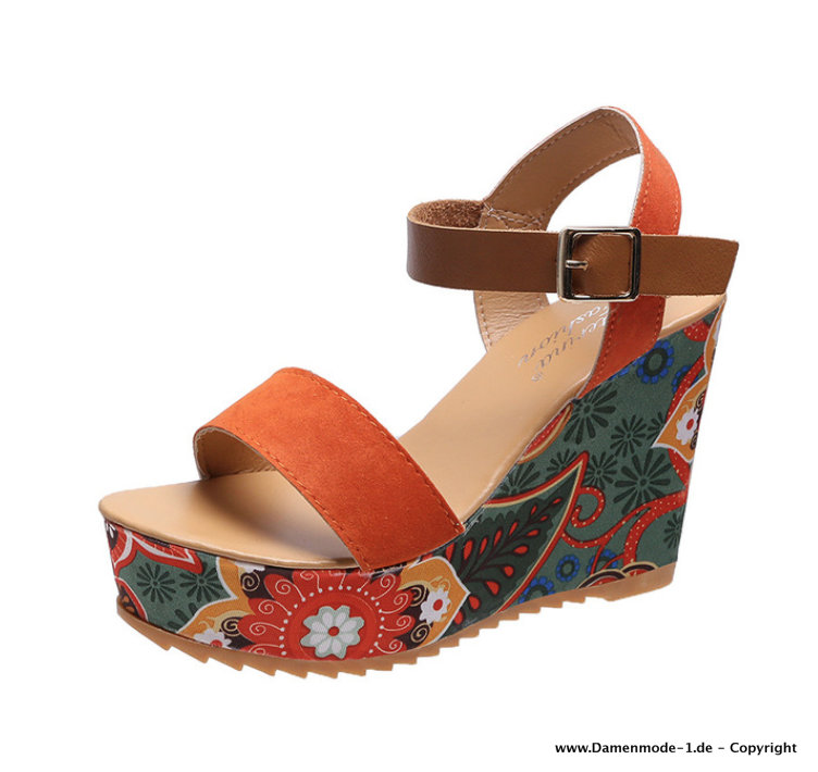 Keil Absatz Plateau Sommer Schuhe Sandaletten in Orange mit Blumenmuster