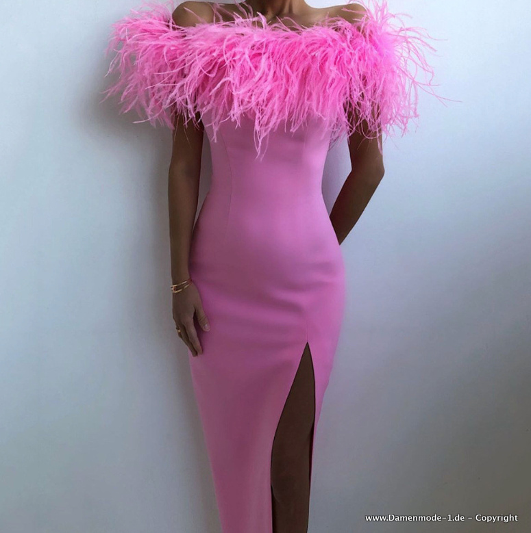 Schulterfreies Bleistift Kleid Elegant in Pink mit Boa