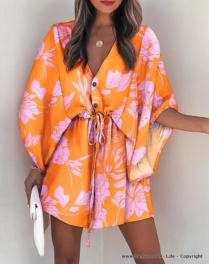 Kurzes Sommer Tunika Kleid Orange mit Blumen