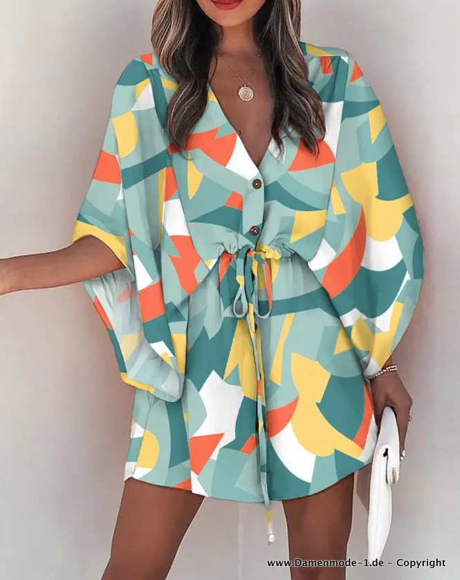 Kurzes Sommer Tunika Kleid mit Geo Muster