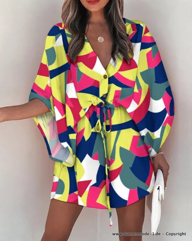 Kurzes Sommer Tunika Kleid mit Geo Muster Bunt