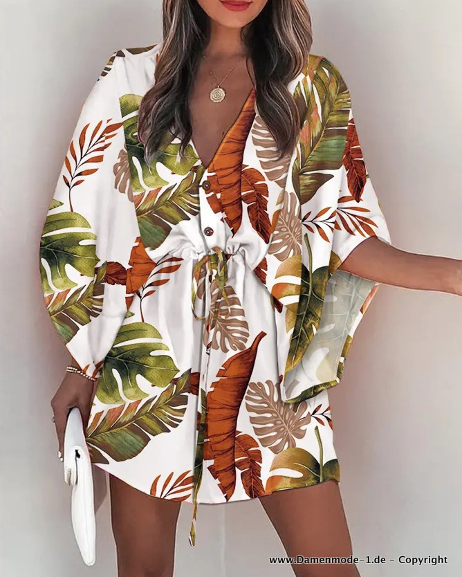 Kurzes Sommer Tunika Kleid Weiß mit Palmen