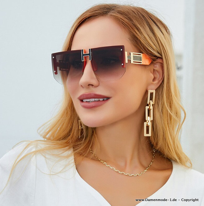 Oversize Sonnenbrille für Damen Rahmenlos Eckig in Orange