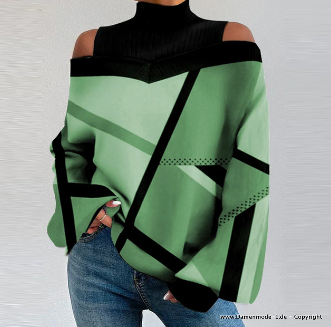 Langarm Damen Pullover mit Geo Muster und Sexy Cut Out Schulter in Schwarz Grün