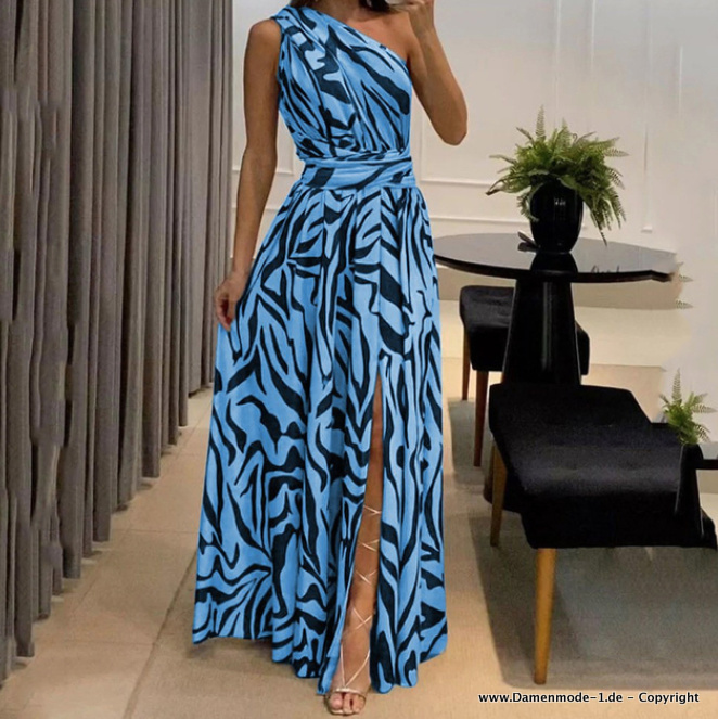 One Shoulder Maxi Kleid Lang Elegant in Blau Schwarz