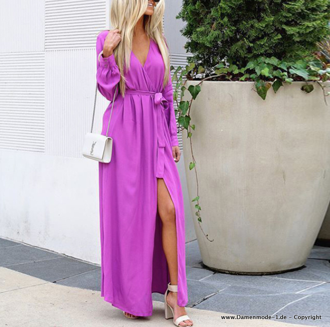 Langarm V Ausschnitt Wickelkleid in Pink