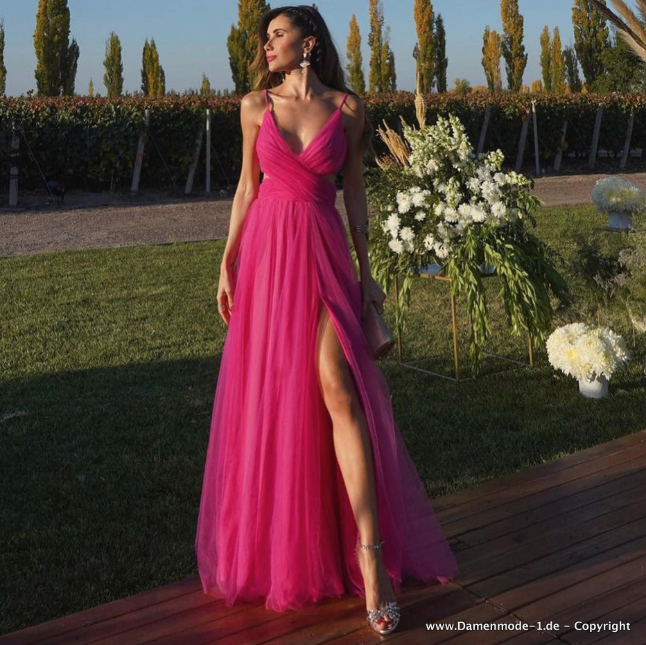 Empire Maxi Chiffon Kleid Elegant in Pink mit Spaghettiträger
