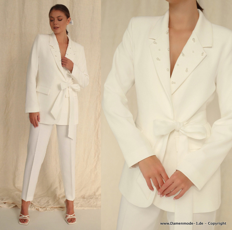 Eleganter Hosenanzug für Damen in Weiß mit Perlen Applikationen und Gürtel