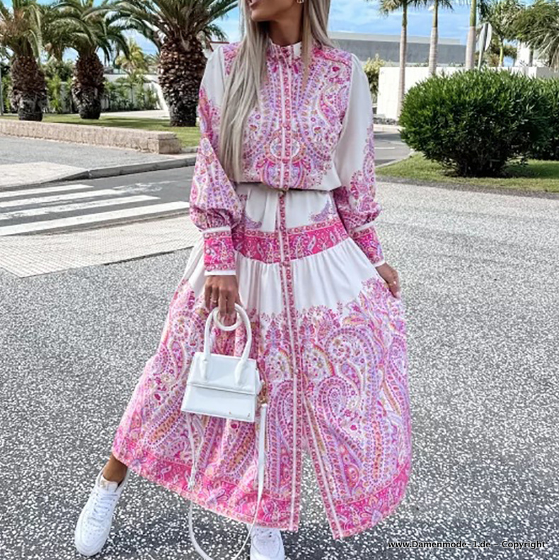  A Linie Langarm Sommerkleid in Weiß Pink Knöchellang