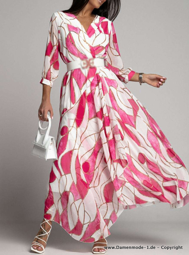 Elegantes Langarm Print Chiffon Kleid Lang in Weiß Pink
