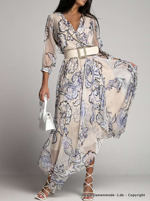 Elegantes Langarm Print Chiffon Kleid Lang in Creme mit Blumenmuster