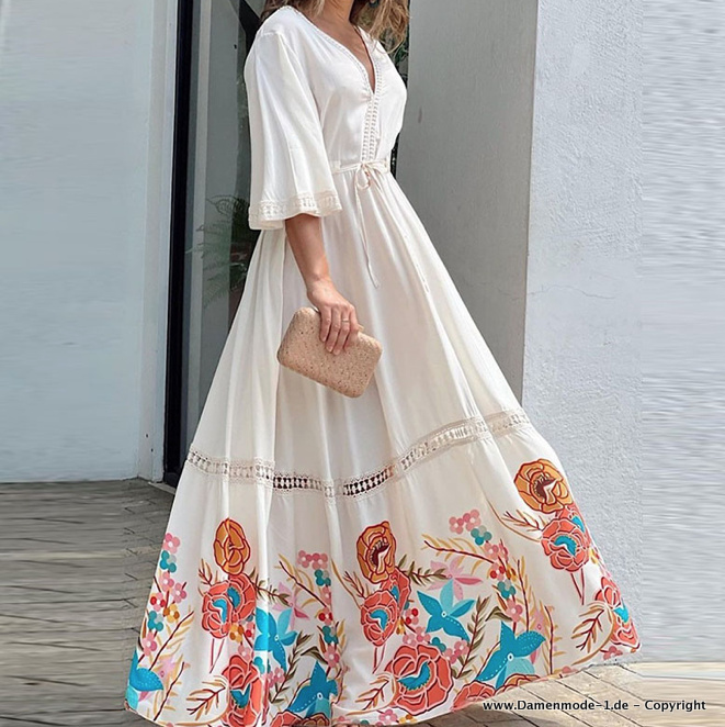 Maxi Boho Sommerkleid Lang in Weiß mit Blumenmuster Dreiviertelärmel