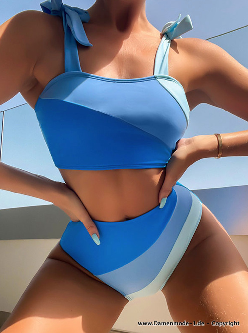 Colorblock Bikini mit Trägern und Hohe Taille zum Binden Blau