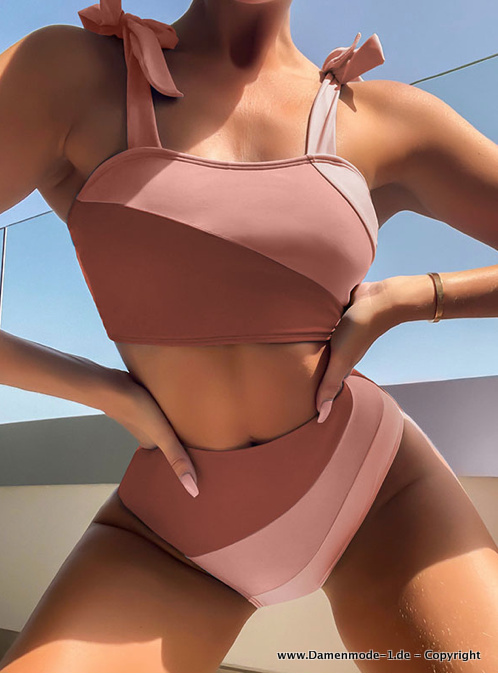 Colorblock Bikini mit Trägern und Hohe Taille zum Binden Beige Braun