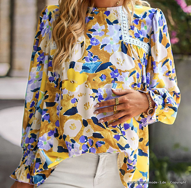 Langarm Sommer Shirt Damen Bluse mit Blumenmuster