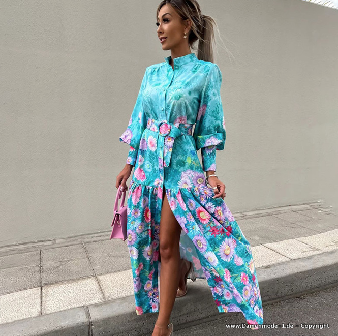  A Linie Langarm Maxi Kleid in Hellblau mit Gürtel und Blumenmuster Lang