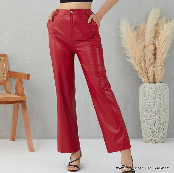 Streetwear PU Leder Damen Hose Gerade Geschnitten Rot