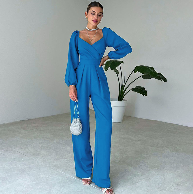 Elegantes Langarm Overall Jumpsuit Einteiler Lang mit Herz Ausschnitt