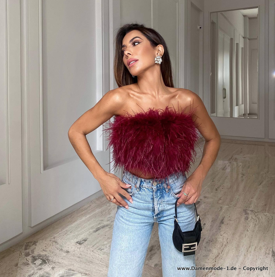 Sexy Fluffy Feather Sommer Crop Top in Weinrot