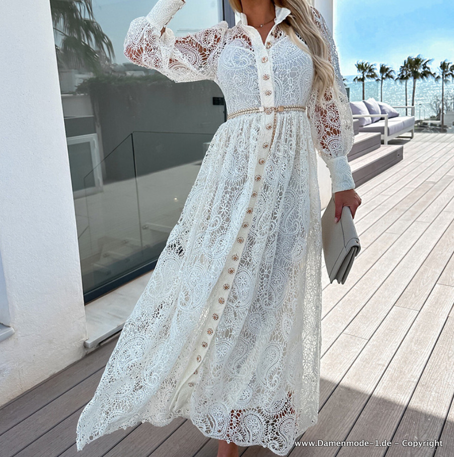  A Linie Langarm Boho Kleid aus Spitze in Weiß Elegant