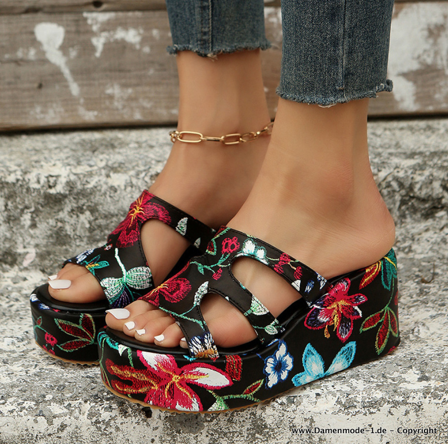 Open-Toe Damen Sommer Schuhe mit Blumenmuster Schwarz Bunt bis Gr 43
