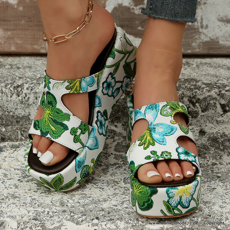 Open-Toe Damen Sommer Schuhe mit Blumenmuster Weiß Grün bis Gr 43
