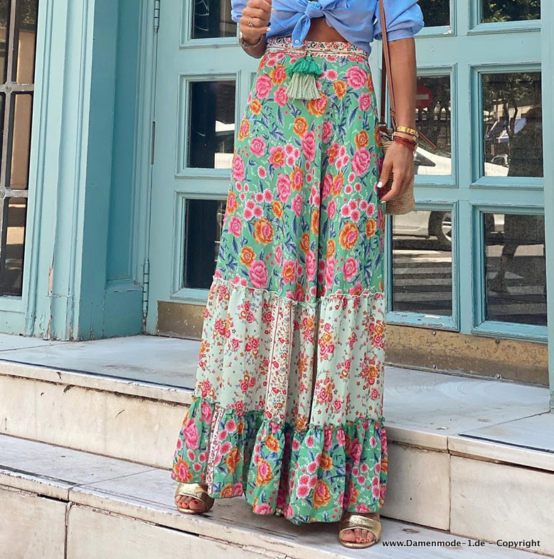 Boho Style Maxi Sommer Rock Lang Grün