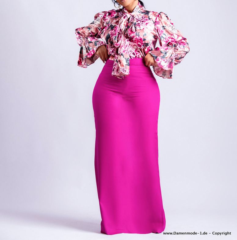 Eleganter Zweiteiler Damen Outfit Bluse mit Bleistift Rock im Set Pink