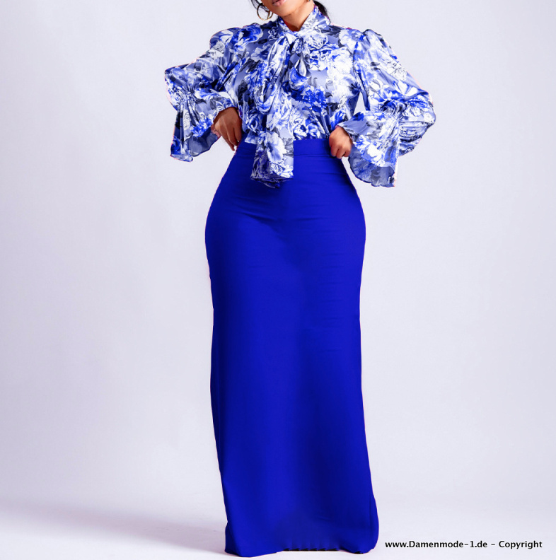 Eleganter Zweiteiler Damen Outfit Bluse mit Bleistift Rock im Set Blau