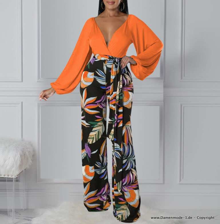 Damen Outfit Zweiteiler Elegant Bluse mit Hose im Set Orange