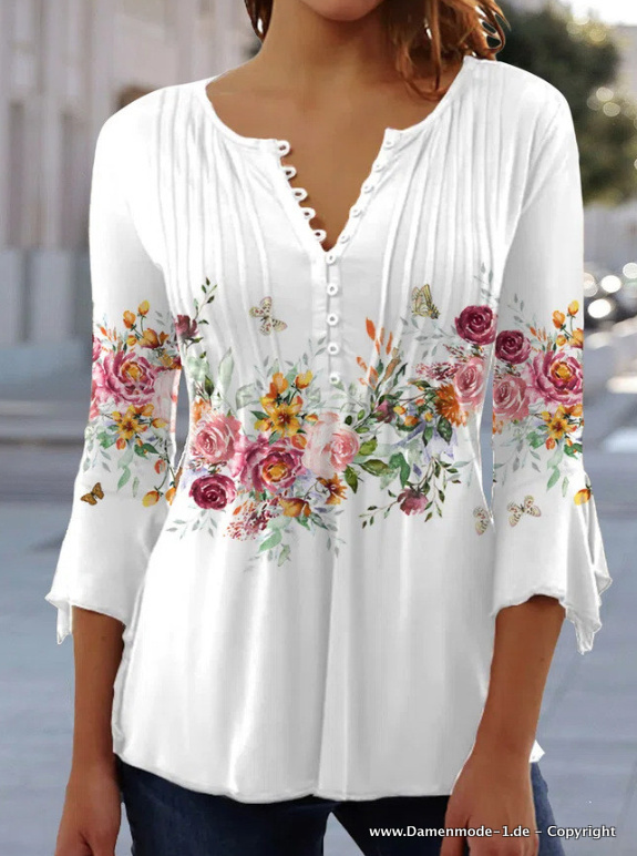  Damen Bluse Tunika in Weiß mit Blumenmuster Dreiviertel Ärmel