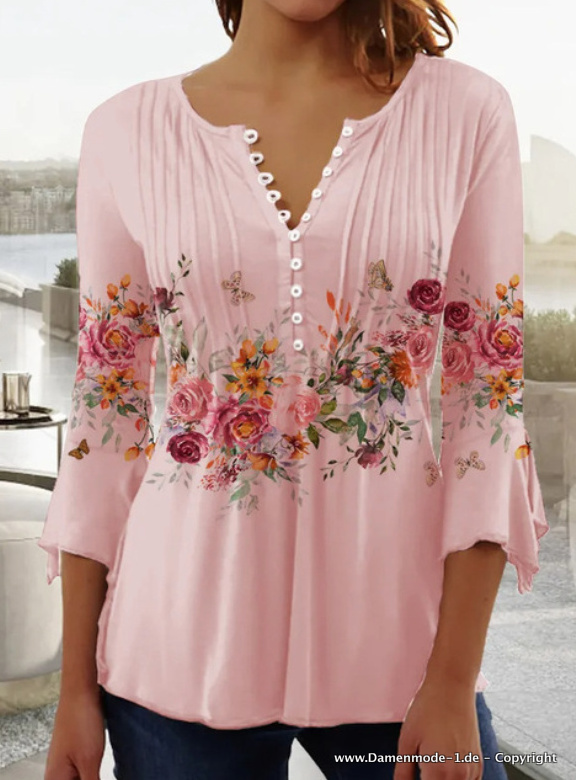  Damen Bluse Tunika in Rosa mit Blumenmuster Dreiviertel Ärmel