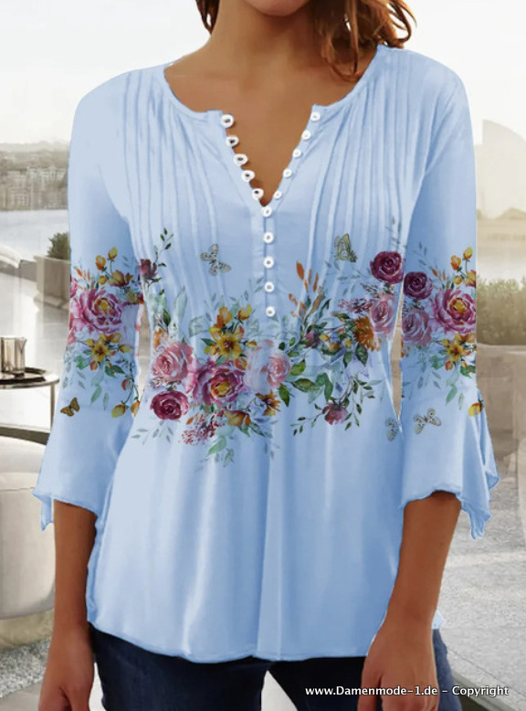  Damen Bluse Tunika in Hellblau mit Blumenmuster Dreiviertel Ärmel