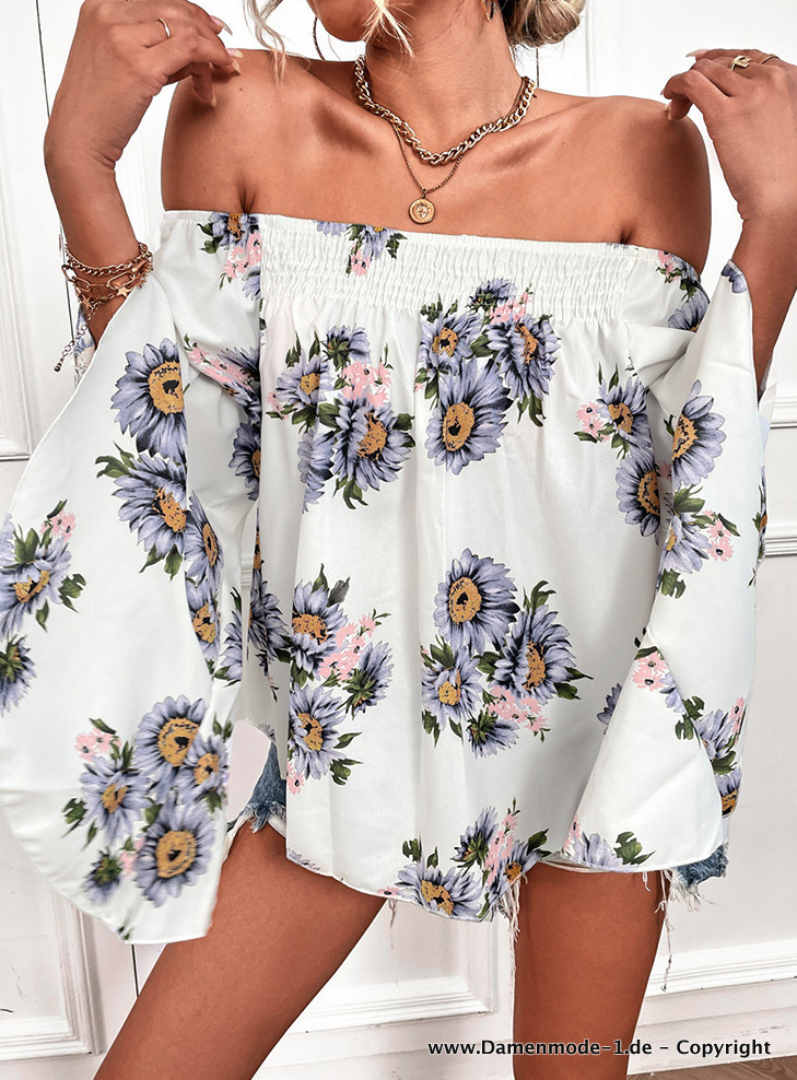 Langarm Sommer Bluse Schulterfrei in Weiß mit Blumenmuster