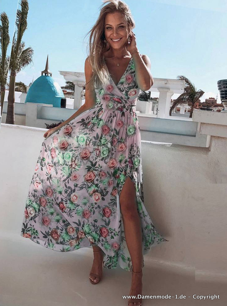 Chiffon Boho Maxi Sommerkleid in Helllila Grün mit Blumenmuster und V Ausschnitt