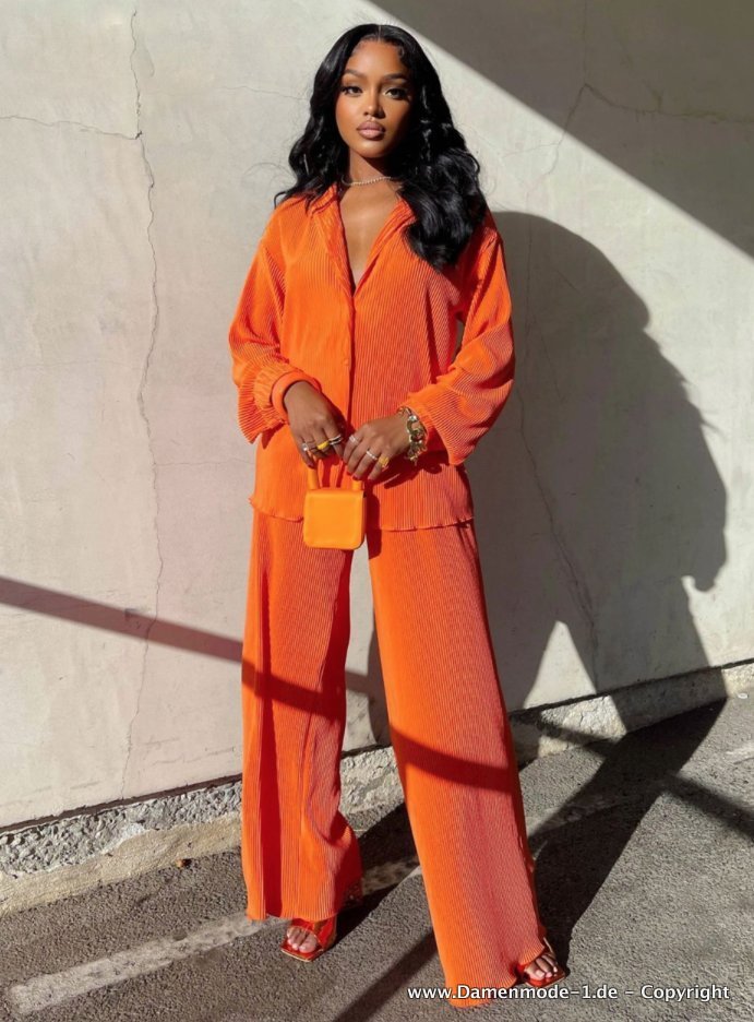 Damen Outfit Sweatsuit Bluse mit Hose im Set Orange
