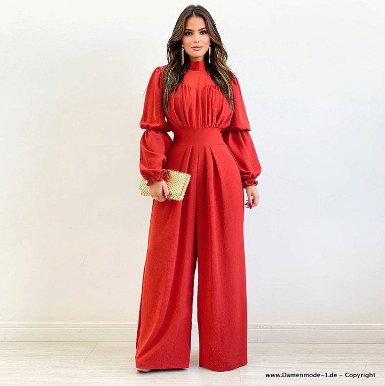 Langarm Jumpsuit Overall Einteiler Lang in Rot mit Laternen Ärmel