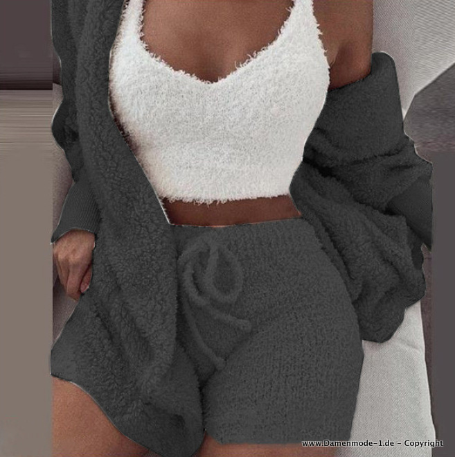 Damen Freizeitanzug Dreiteilig Kurz Hose Sweater und Top Schwarz Weiß Flauschig