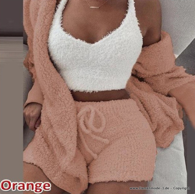 Damen Freizeitanzug Dreiteilig Kurz Hose Sweater und Top Orange Weiß Flauschig