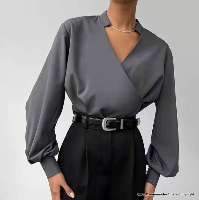 Elegante Satin Damen Bluse in Wickel Optik Silbergrau