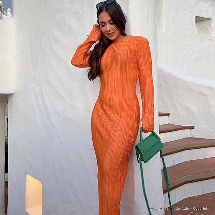 I Linie Langarm Plissee Kleid Elegant in Orange