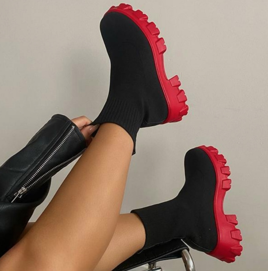 Damen Boots Stiefeletten Socken Schuhe mit Dicke Sohle in Schwarz Rot