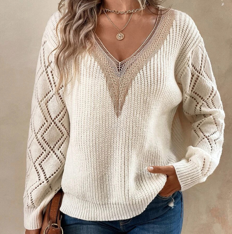 Damen Strick Pullover mit V Ausschnitt in Beige Creme