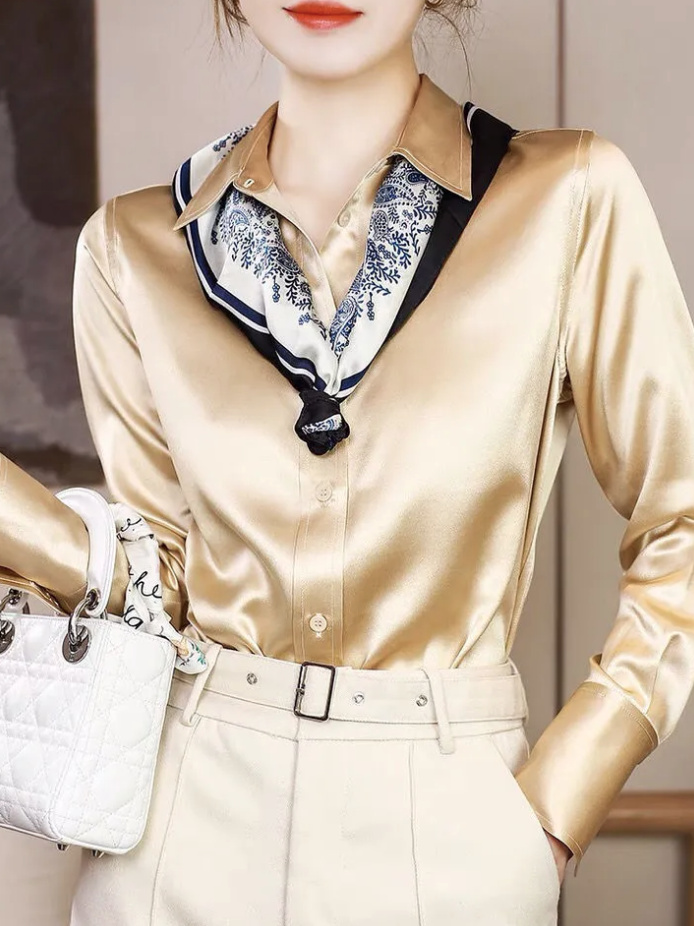 Elegante Langarm Damen Bluse aus Seide in Gold