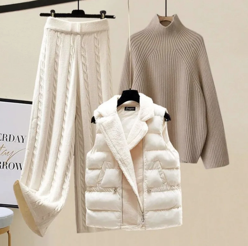  Damen Herbst Winter Outfit Hose Pullover und Weste im Set Weiß Beige