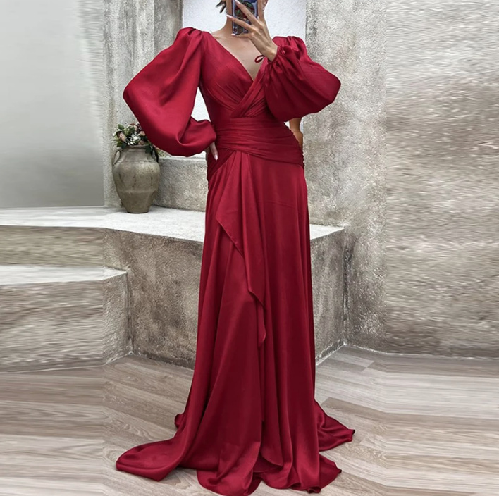  A Linie Langarm Satin Kleid Elegant mit V Ausschnitt in Rot